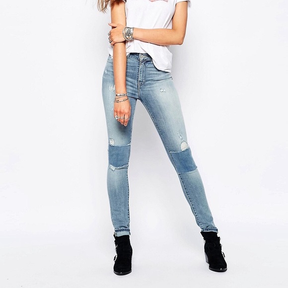 Levi's 721 High Rise Skinny Jeans Patch Knees Sz 32 - Picture 1 of 14